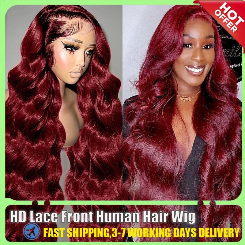 Peluca de cabello humano con encaje Frontal, pelo ondulado sin pegamento, color rojo borgoña 99J, brasileño, 13x4, HD, liquidación a la venta