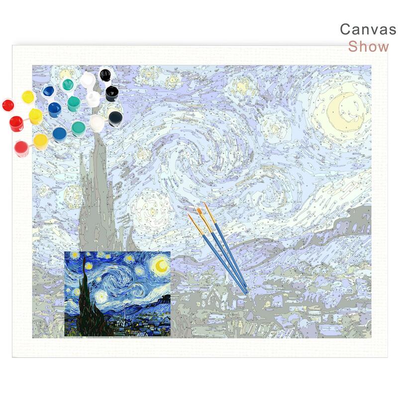 RUOPOTY ramka ręcznie malowany obrazek według numerów Van Gogh gwiaździste niebo obraz według numerów dekoracja ścienna z krajobrazem farba akrylowa na ozdoby do dekoracji domu