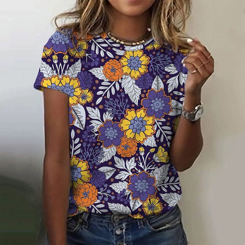 여성용 꽃무늬 그래픽 티셔츠, 하라주쿠 의류, O-넥 상의, 풀오버, 3D 인쇄, 반팔 티, 느슨한 스트리트웨어, 여름 패션