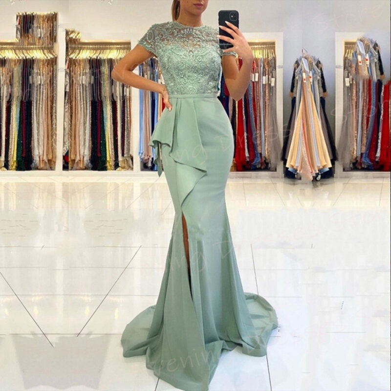 Charming Fashionable Green Women's Mermaid Classic Evening Dresses Short Sleeve Lace Prom Gowns Chiffon Pleated Robe De Soiree