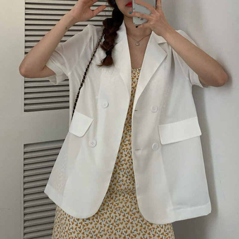 Female Tops Blazers Button Closure Lapel Loose Short Sleeve Single Breasted Turndown Collar Casual Daily Leisure