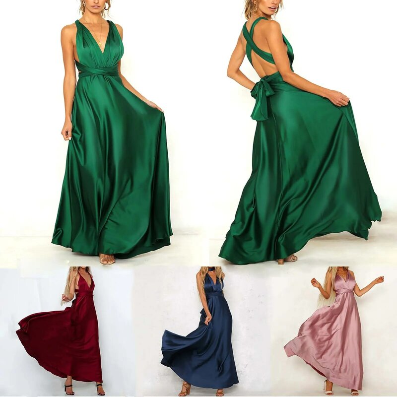 Gaun Satin polos elegan wanita 2023 gaun malam punggung terbuka leher V dalam seksi bertali tanpa lengan modis gaun malam pinggang tinggi