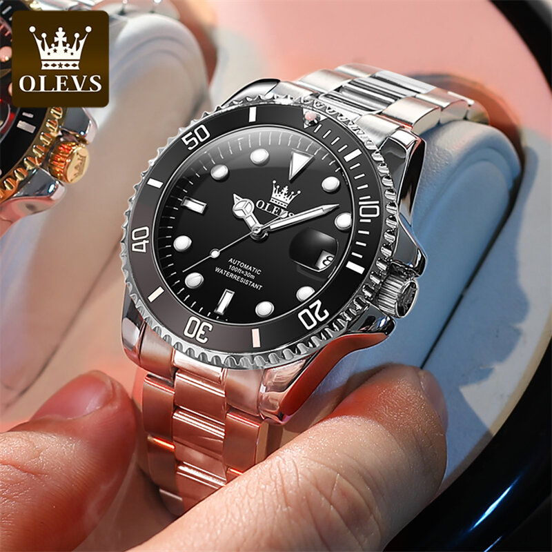 OLEVS jam tangan Mekanikal pria, arloji Stainless Steel tahan air HD kalender bercahaya untuk lelaki