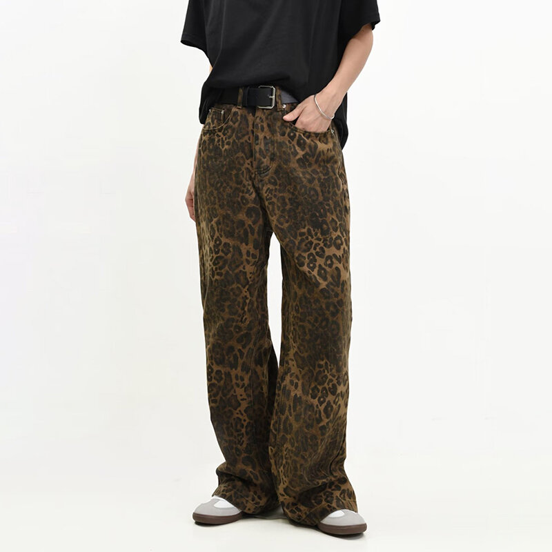 سراويل جينز نسائية ورجالية من جلد النمر ، جينز نسائي كبير الحجم ، بنطال واسع الساق ، ملابس شارع ، هيب هوب ، كلاسيكي ، قطن ، فضفاض ، كاجوال ، تان