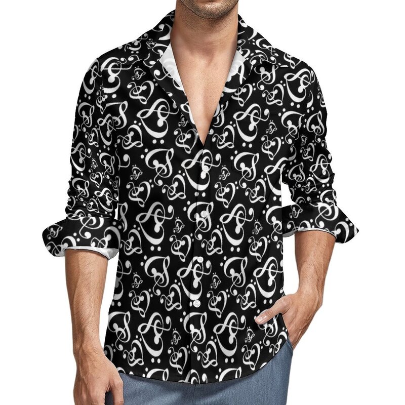 Повседневные рубашки с принтом сердец музыка заметки Мужская черная белая рубашка с длинным рукавом модные блузки Y2K весенняя одежда с принтом большого размера