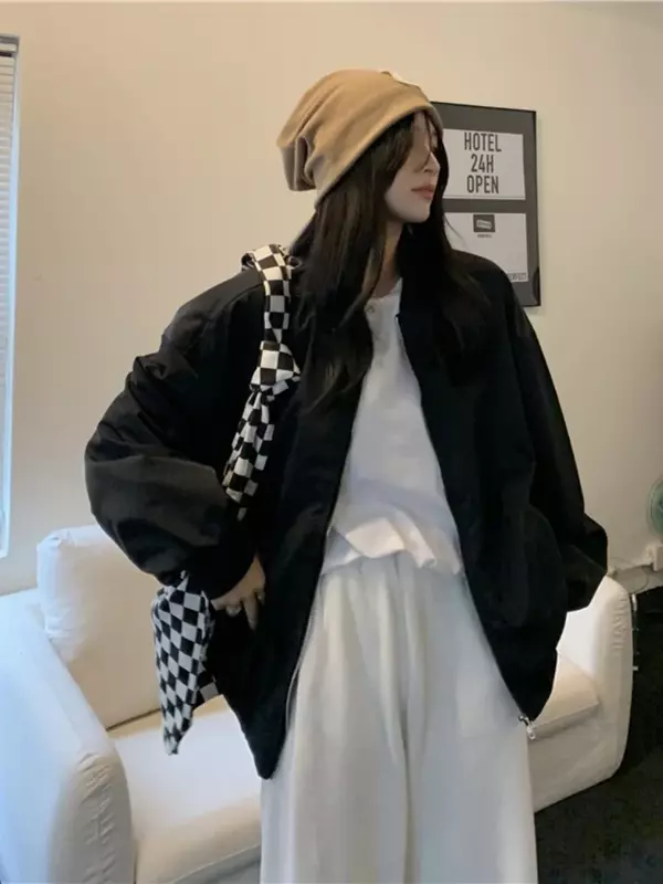 Куртка-бомбер женская с длинным рукавом, винтажная бейсбольная куртка оверсайз, модная повседневная свободная ветровка на молнии в Корейском стиле, Y2k, осень