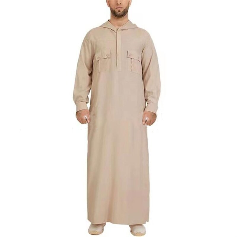イスラム教徒のフード付きローブマルチポケットカフタン中東ボタンジュバトーブ男性用
