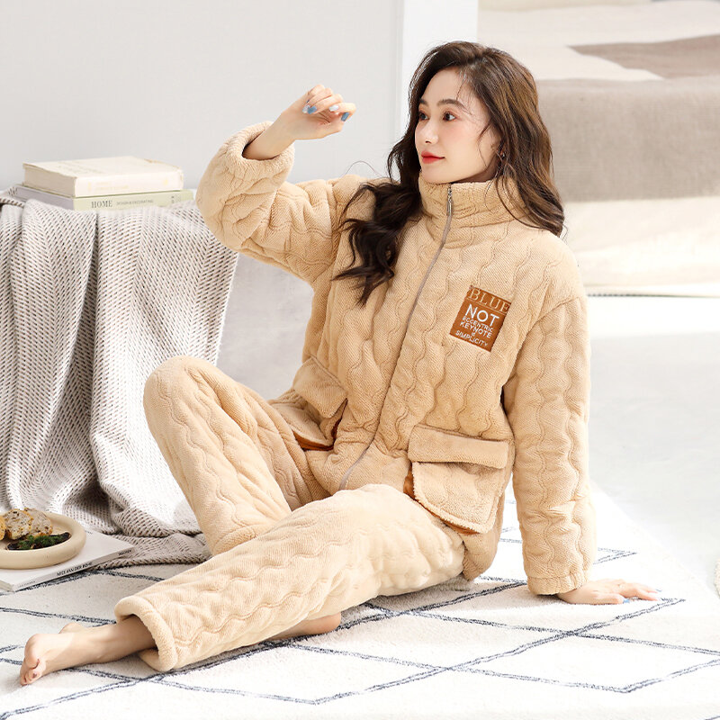High Quality Winter Three-layer Clip Cotton Pajamas Set Women Warm Home Clothing Casual Pyjamas