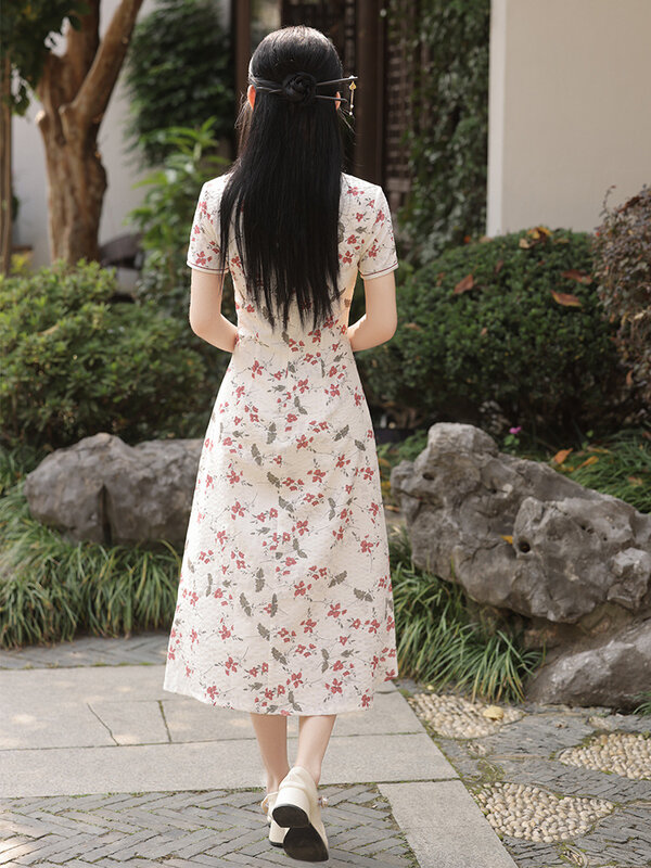 Women Embroidery Aodai Cheongsam Slim Vintage Dress Short Sleeve Chinese Style Costumes Fishtail Dress S To 4XL