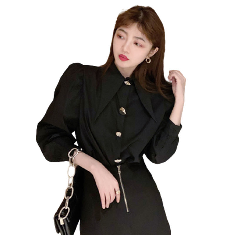 QWEEK Comfort ผู้หญิงเสื้อ Sharp Corner Lapel ผู้หญิงแฟชั่นเสื้อสไตล์เกาหลี All-Match เสื้อแขนยาว2022ฤดูใบไม้ร่วง