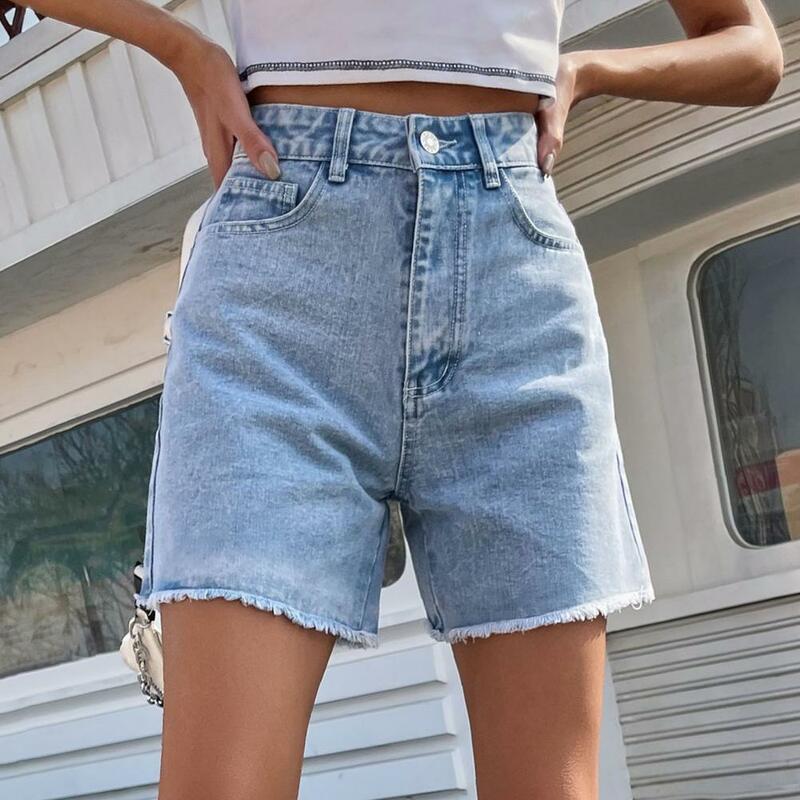 Calções jeans de cintura alta linha A feminino, solto, borda rasgada, botão, fechamento de zíper, bolsos múltiplos, verão
