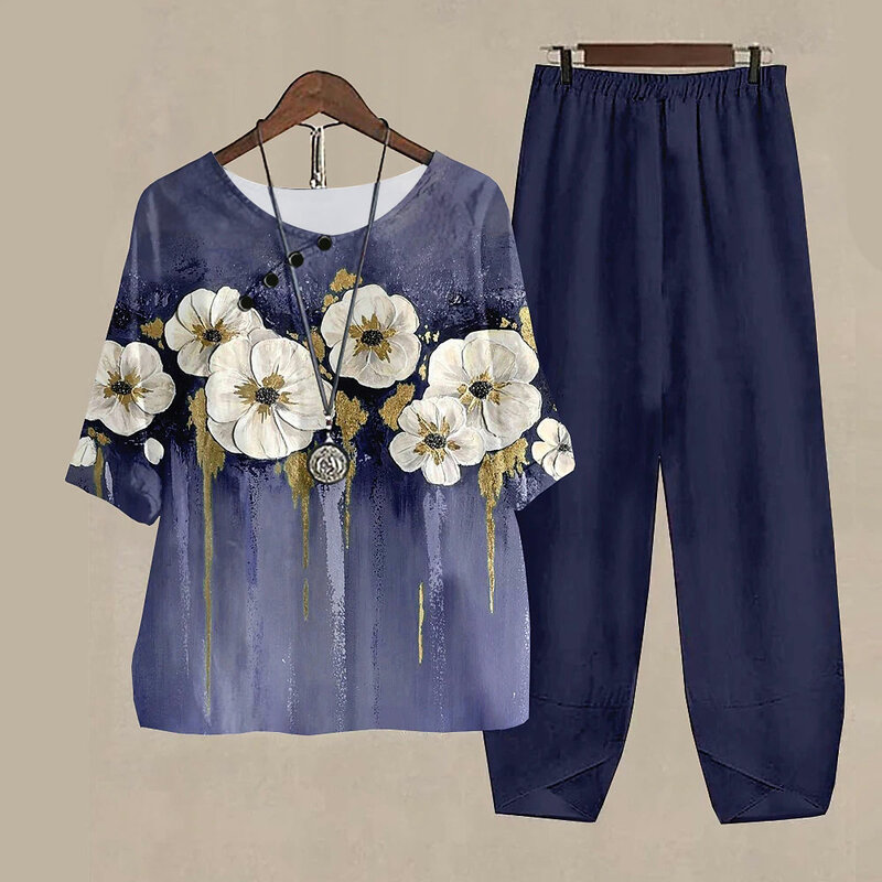 Nowy zestawy dwuczęściowe kwiat koszule z nadrukiem kobiet O szyi zestaw z krótkim rękawem Vintage spodnie z wysokim stanem eleganckie damskie jesienne lato