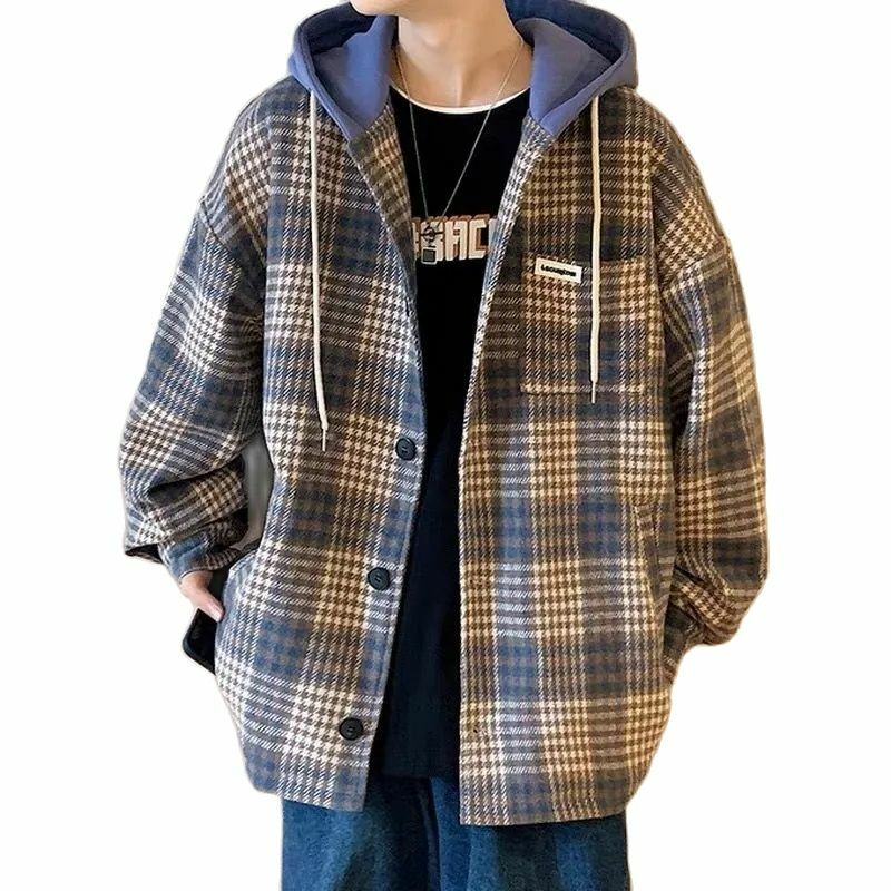 Plaid Hooded Jacket Men's  2023 Autumn Winter New Hong Kong Style Loose Casual All-match Jacket Trend Cardigan Sweater Commute