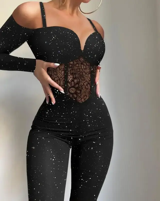 Women High Waist Fashion Spring Summer Ankle Length Jumpsuits Overall Pants Cold Shoulder Contrast Lace Corset Jumpsuit 2024
