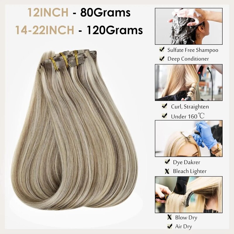 Extensiones de cabello humano con Clip brillante, 120g, sin costuras, Invisible, Remy, Balayage, Color rubio