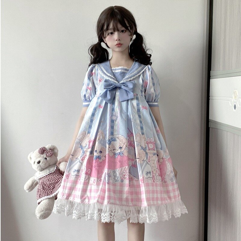 Japanese Sweet Lolita Dress Women Kawaii Bow Cartoon Lace Blue Dress Short Sleeve Princess Dress Halloween Costume Gift For Girl
