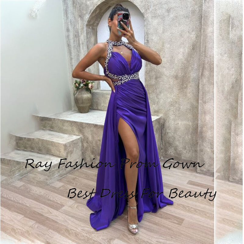 Classic Sheath Prom Dress Satin Unique Halter Sleeveless With Sexy High Split Beaded Sequins Formal Party Gowns With Sweep Train
