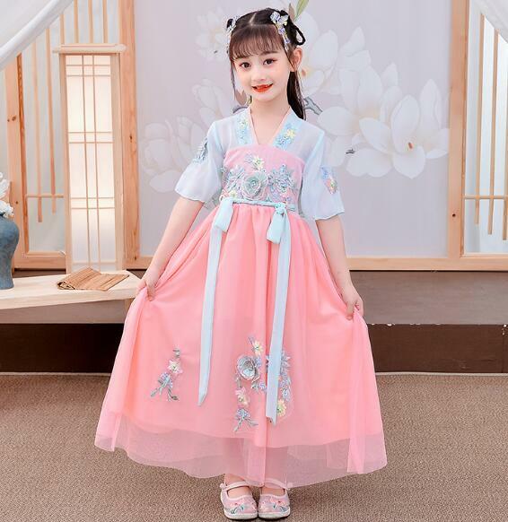 어린이 요정 드레스 중국 한푸 고대 여름 자수 소녀 댄스 키즈 무대 클래식