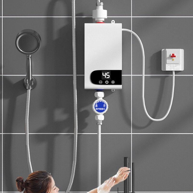 سخان مياه فوري صغير للمطبخ والحمام 220 فولت 110 فولت سخان مياه كهربائي مثبت على الحائط شاشة عرض LCD لدرجة الحرارة مع مجموعة دش