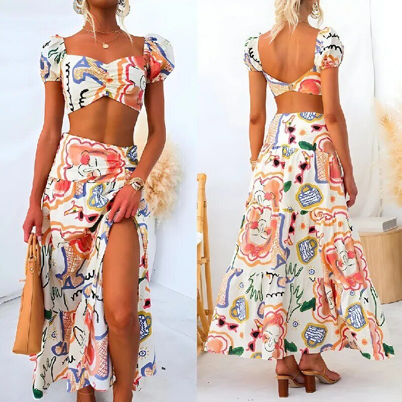 Elegant Women Two Piece Skirt Set Bohemian Vacation Outfits Y2K Summer Print V Neck Crop Top Shirt High Waist Ruffle Skirt