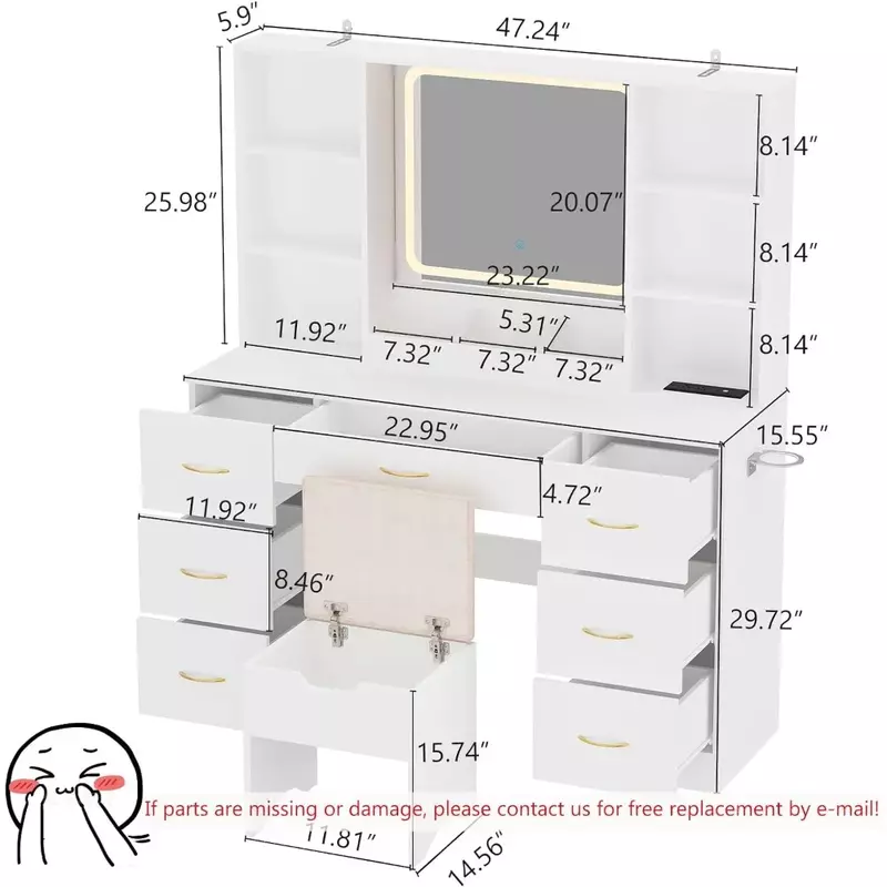 Furnitur meja rias wajah LED dengan bangku dan Outlet daya furnitur kamar tidur rumah meja rias (putih)