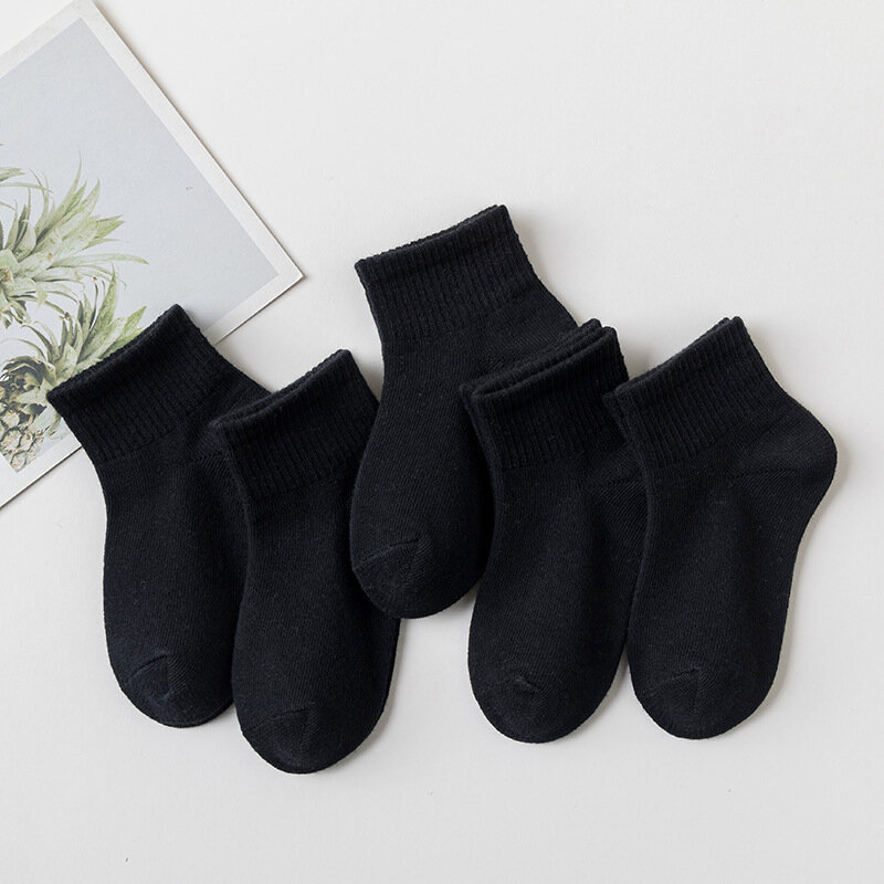 Chaussettes d'été en coton pour enfants de 1 à 12 ans, 5 paires/lot, Couleur unie à la mode, noir, blanc, gris Nouveau  Convient pour adolescents étudiants Bébé Fille Garçon