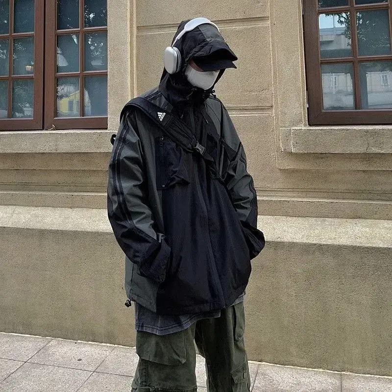 Jaket bertudung hitam antik Deeptown wanita Y2k, jaket Windbreaker ukuran besar gaya Jepang Techwear Harajuku jalan jaket Jalur ritsleting