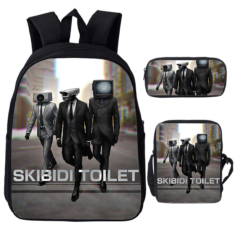 Skibii-トイレプリントバックパック子供用バックパックセット、男の子と女の子用のランドセル、学生用ランドセル、アニメブックバッグ、3個