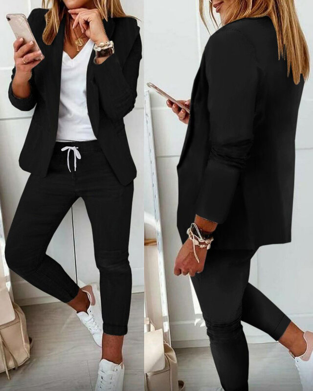 ชุดเสื้อเบลเซอร์แฟชั่น2ชิ้นสำหรับผู้หญิงชุดสูทกางเกงแบบผูกเชือกสำหรับฤดูใบไม้ร่วงและ2023
