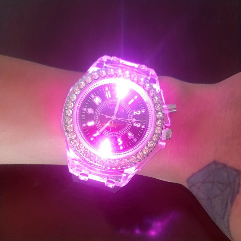 Jam tangan kuarsa uniseks, arloji remaja dengan berlian imitasi bercahaya Dial-tali silikon modis, hadiah Ideal