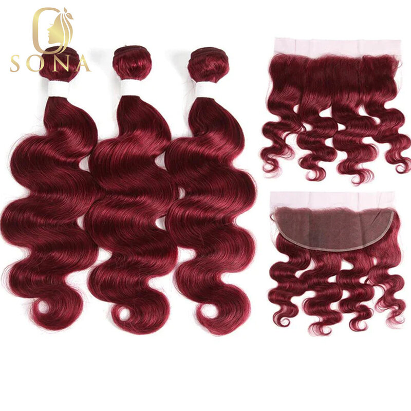 Color Burgundy Red 99j Human Hair Bundles With Closure 13x4 Frontal Body Wave Hair Weave Bundles 3/4 PCS Deals Hair Extensions