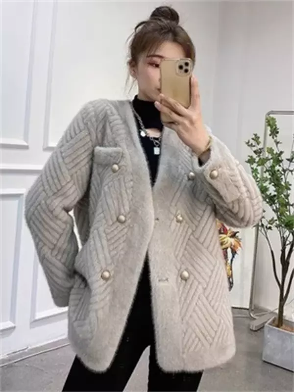 Fur Coat Women's 2024 New Winter Warm Suede Mink Double-breasted Button Cardigan Long-Sleeved Fur Add Outwear Ladies