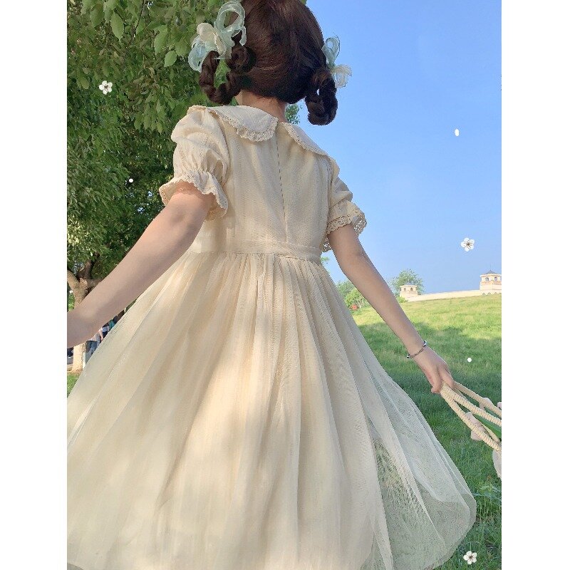 Sweet Lolita Japanese Soft Girl Cute Princess Dress Lolita Bow Peter Pan Collar Short Sleeve Dress Kawaii Summer Dress