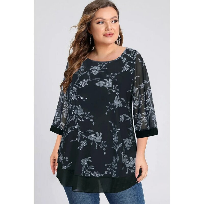 Plus Size Casual Black Mesh Floral Print Double Layer 3/4 Sleeve Blouse