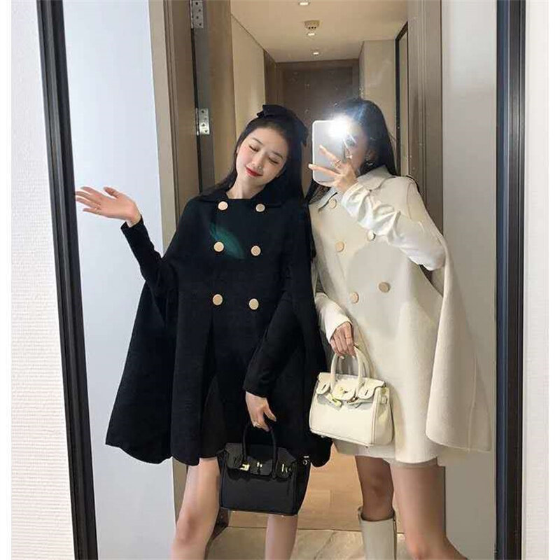 Fashion Woolen Poncho Coats for Women Autumn Winter Solid Cape Cloak Coat Loose Overcoat Female Double Breasted Lapel Jackets