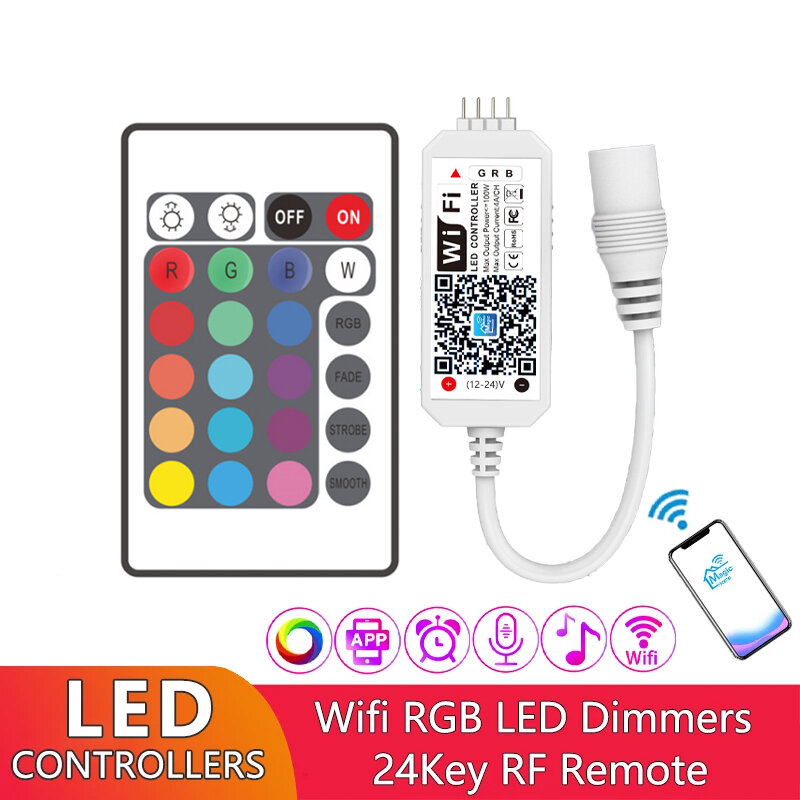 Controlador inteligente LED WiFi inalámbrico, Control remoto RF de 24 teclas para tiras LED RGB BGR RGB, compatible con Control de voz, temporizador, modo de música