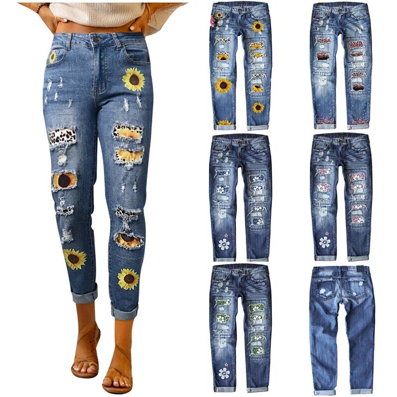Jeans lavados estampados para mulheres, calças casuais de pernas largas, calças retas americanas, estilo High Street Ins, primavera e outono