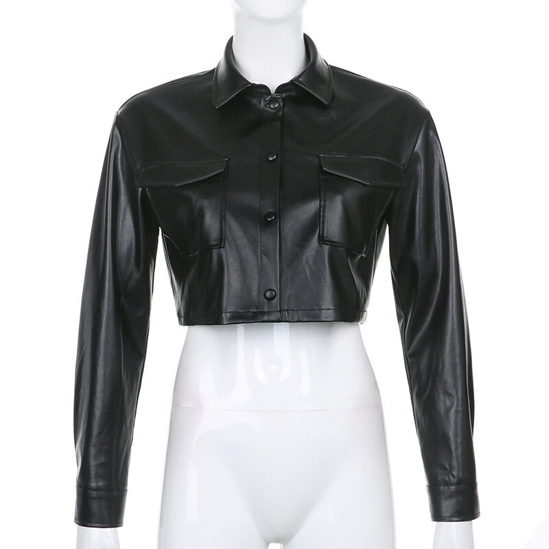 Wepbel jaket pendek PU mantel Mini pendek mode pengiriman pusar Pu atasan kulit wanita mantel pendek kantong pakaian luar lengan panjang