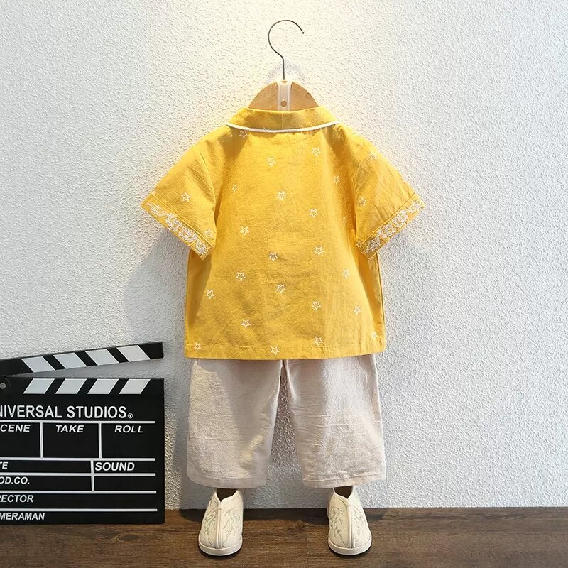Hanfu-子供用の夏の薄手のスーツ,中国風の服,アンティークの服,半袖,Tシャツ,パフォーマンススーツ
