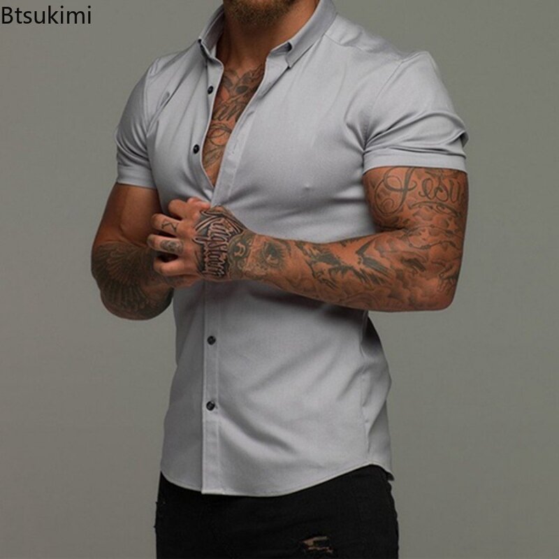 Fashion New Men's Solid Short-sleeved Casual Shirts Comfort Non-ironing Business Shirts Simple Cardigan Gym Fitness Blouse Male