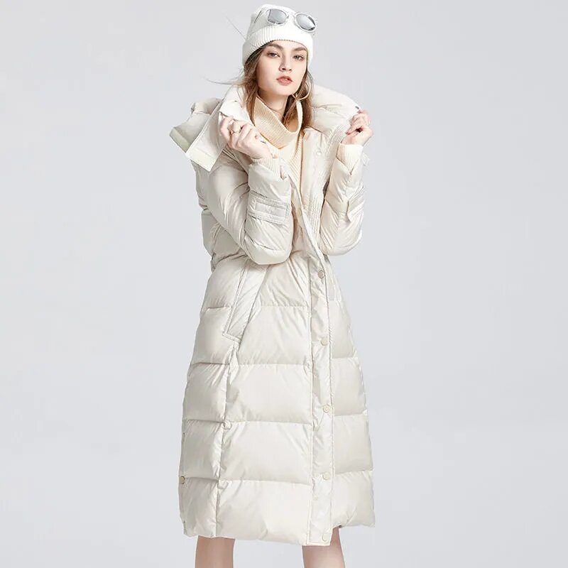 Ln die neuen Daunen Frauen Winter lange koreanische Mode Frauen Kapuze über dem Knie weiße Ente Daunen losen Mantel Hipster Mädchen