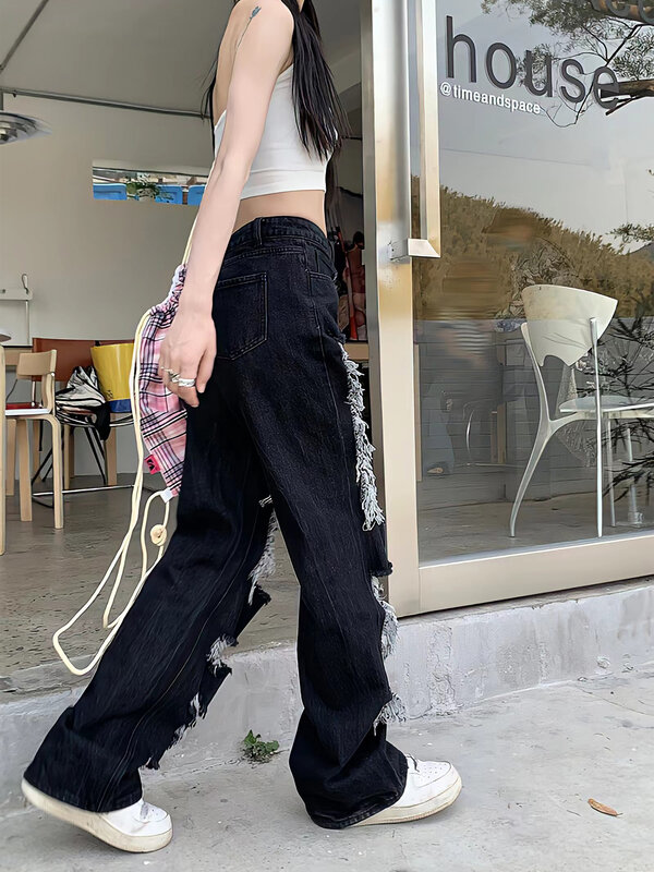 Ladies Straight Jeans Y2KTrendy Brushed Ripped Cowgirl Trousers Oversized Loose Wide Leg Pants American Style Hip Hop Streetwear