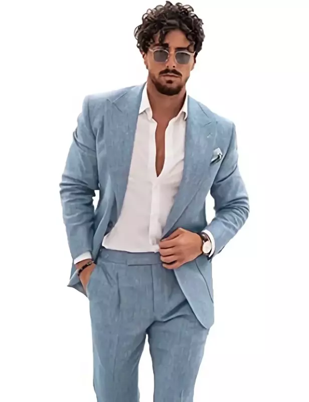 Linen Summer Men Suits Jacket With Pants Peak Lapel Formal Tuxedo Groom Beach Business Party Blazer Set Solid color