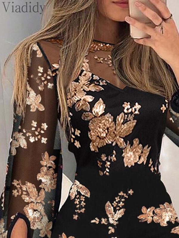 Women Casual Solid Color Contrast Sequin Embroidery Sheer Mesh Lantern Sleeve Party Dress
