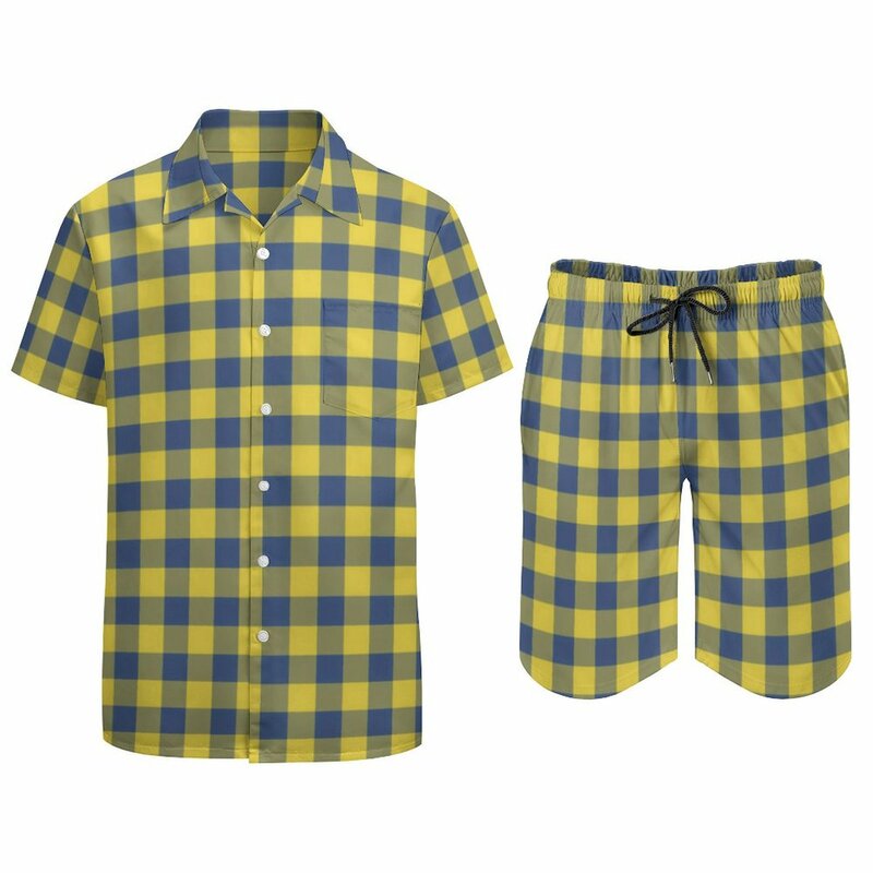 Conjunto de camisa hawaiana a cuadros Retro para hombre, traje de playa de talla grande, pantalones cortos de diseño de manga corta, amarillo y azul, informal, Verano