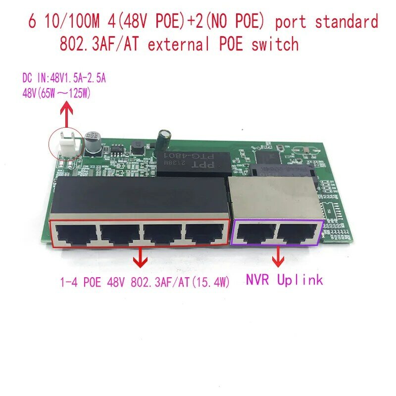 البروتوكول القياسي 802.3AF/AT 48V POE OUT/48V poe التبديل 100 mbps POE poort ؛ 100 mbps UP Link poort ؛ poe بالطاقة التبديل NVR