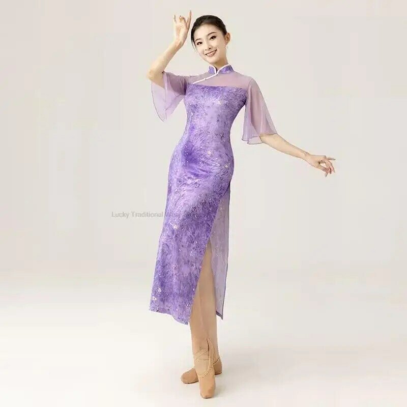 Chinese Classical Qipao Dress Dance Performance Costume High Slit Improved Flower Print Cheongsam Dress Women Folk Dance Suit