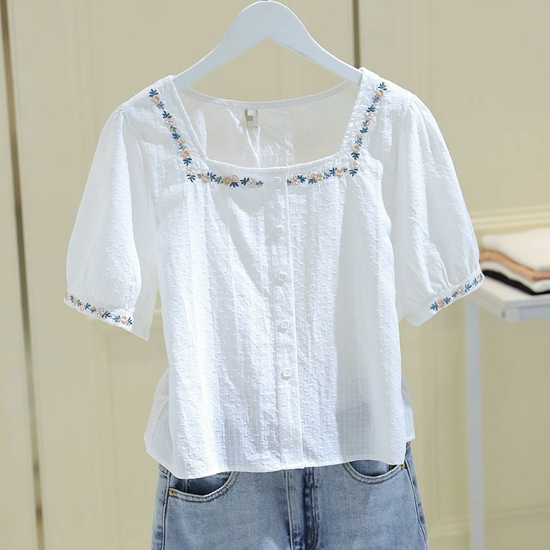 French Blouses Women Summer  Cotton   Embroidery   White   Short  Sleeve  Casual