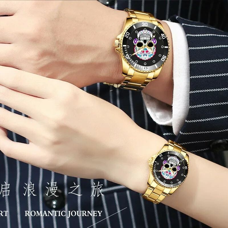 Jam tangan pria emas, jam tangan pria emas, foto kustom, baja nirkarat, jam bergambar gambar Logo, jam tangan kepribadian