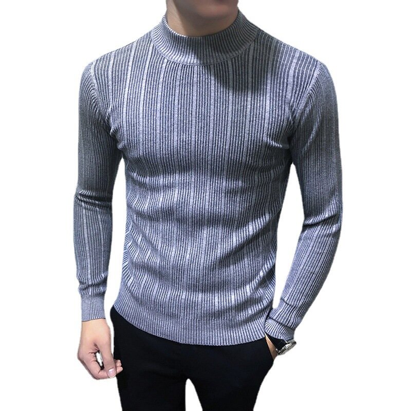 MRMT 2024 Brand New Men's Korean Striped Wild Men's Half High Neck Long Sleeve Sweater Middle Neck Knitted Bottoming Shirt